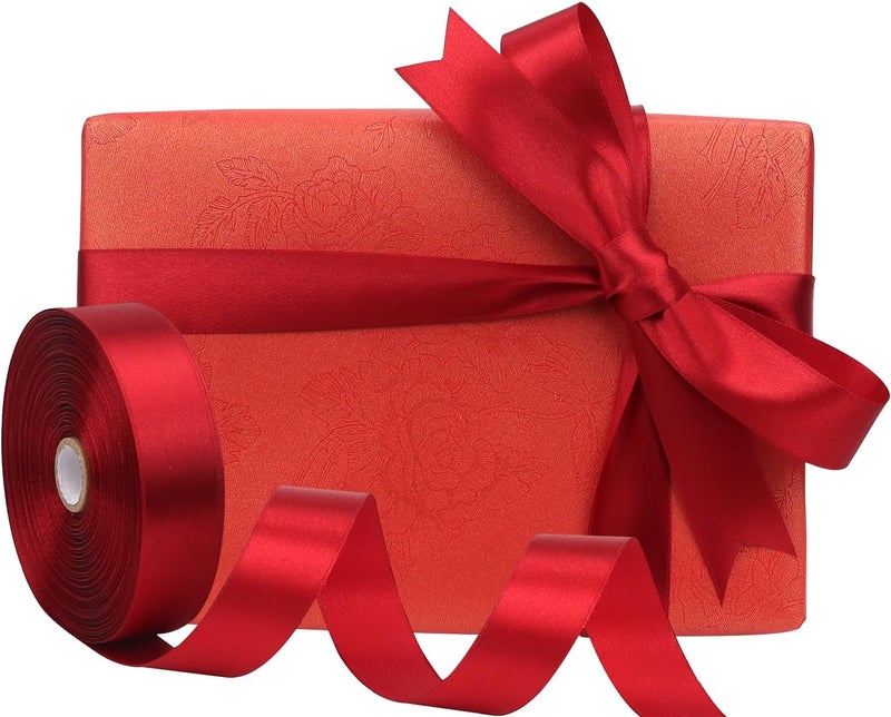 Riunbb Deep red Solid Satin Ribbon 1 Inch 50 Yards Solid Polyester Fabric Ribbon for Gift Wrapping Wedding Christmas Baby Shower Birthday Party Decoration Handmade Immortal Flower Craft - Image 5